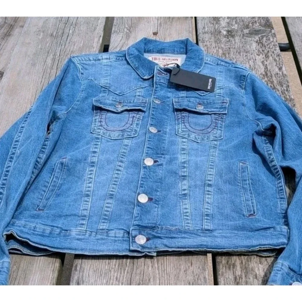 True Religion Jimmy SN Trucker Jacket Blue Denim Stretch TR Logo Sz XL NWT $159